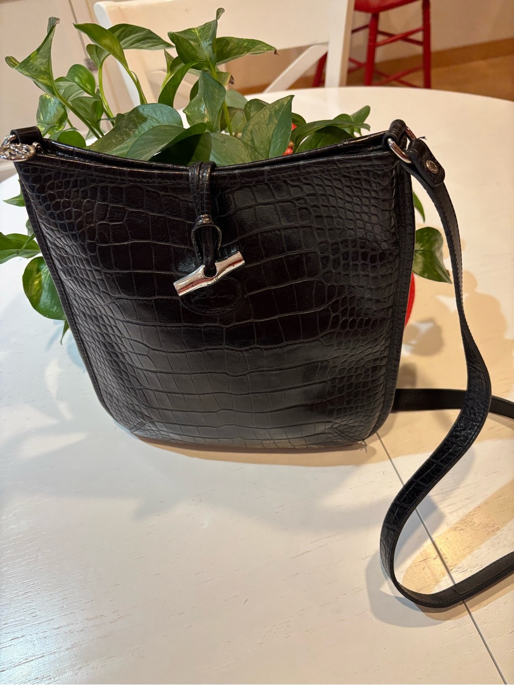 Black Croc-Embossed Leather Crossbody Bag